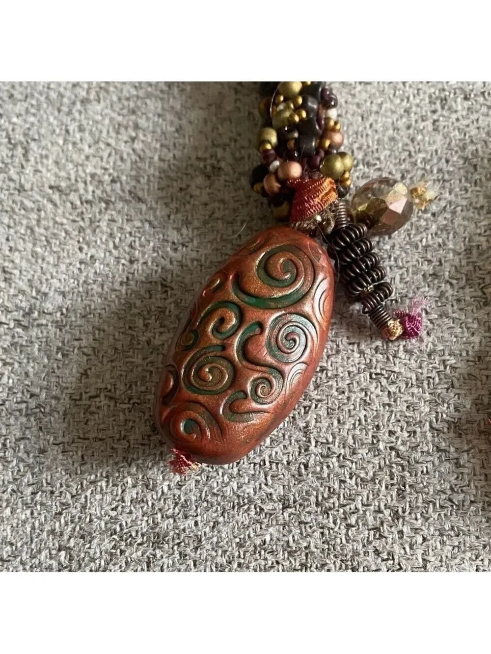 Handcrafted Lariat Necklace Beaded Polymer Clay Warm Earthy Tones 52”